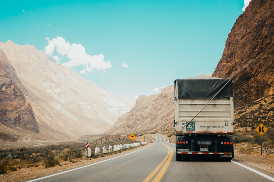 Freight truck travelling on a mountain road