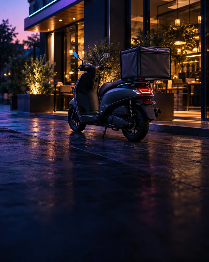 Delivery scooter parked outside a restaurant at dusk