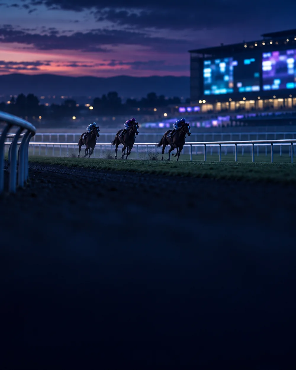 Floodlit horse-racing track at dusk